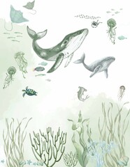 Delicate Watercolor Style Whale and Seaweed Repeat, Minimalist Ocean Pattern for Prints and Nursery
