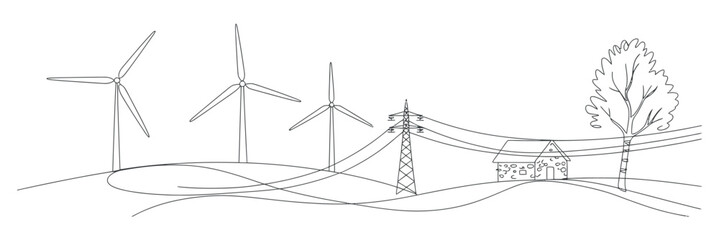 Rural Landscape with Wind Turbines Power Lines and House
