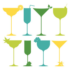 Collection of colorful cocktail glass silhouettes, each uniquely styled and decorated with elements like straws, citrus slices, herbs, cherries, and flowers.