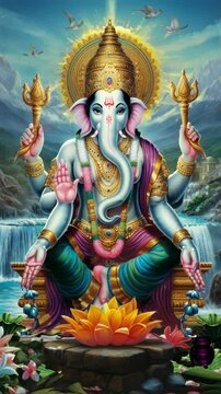Vibrant video-style depiction of a multi-armed deity, seated with a serene expression. Front-facing angle highlights intricate details and vivid colors. Live mobile wallpaper.