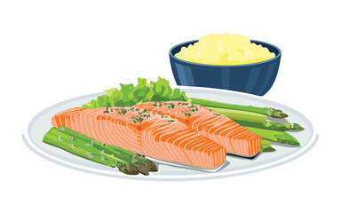 Grilled Salmon Filet with Greens and Mashed Potato Sides - Vector Illustration