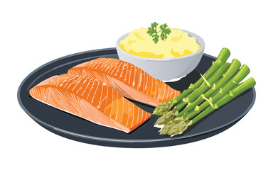 Salmon Steak Grilled with Mashed Potato and Asparagus - Vector Illustration