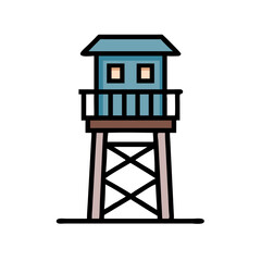 Wooden military watchtower icon in flat outline style