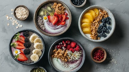 Flat lay of healthy superfood bowls with vibrant fruits granola and seeds