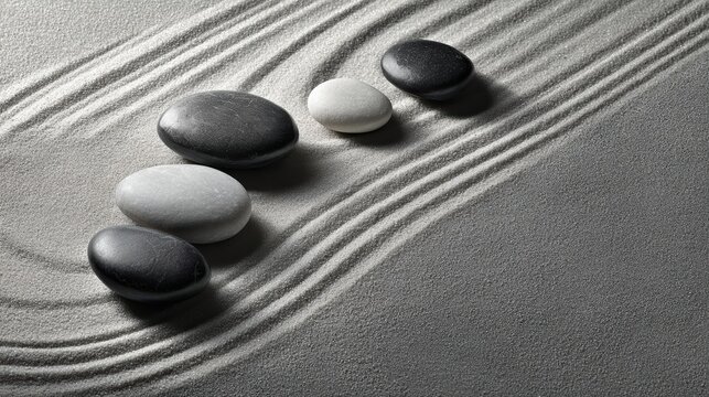 Tranquil zen garden featuring smooth pebbles arranged on raked sand, evokes calmness and balance through monochrome tones and textured surfaces.