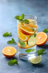 Fototapeta premium Refreshing citrus drink with mint leaves and sliced fruits, perfect for a hot day.