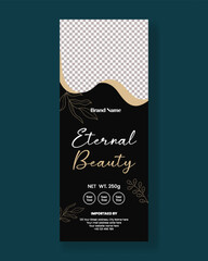 vertical Products Packaging Label design for cosmetic, beauty, skin care products packaging roll up or signage banner template, with products details Information with floral greetings card background
