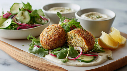 Crispy falafel served with fresh salad and sauces