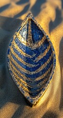 A leaf-shaped, decorative dish, crafted from ceramic.  Intricate, blue and gold patterns adorn its surface.  Sun-drenched desert sand provides a backdrop