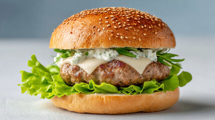 Delicious hamburger with fresh ingredients and toppings