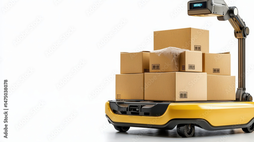 Poster automated logistic robot transporting stacked cardboard boxes in warehouse setting, showcasing effic