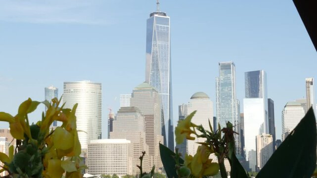 New York City waterfront skyline, Manhattan Downtown Financial district, World Trade Center building, riverfront skyscrapers. From Paulus Hook, New Jersey. United States architecture. Hudson river.