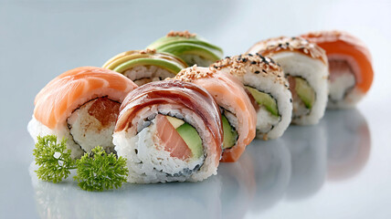 Delicious sushi rolls arranged beautifully on plate