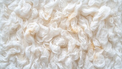 Close-up of a fluffy, textured, white fabric.  Visible looped threads, slightly uneven in density and with some pale yellow stains