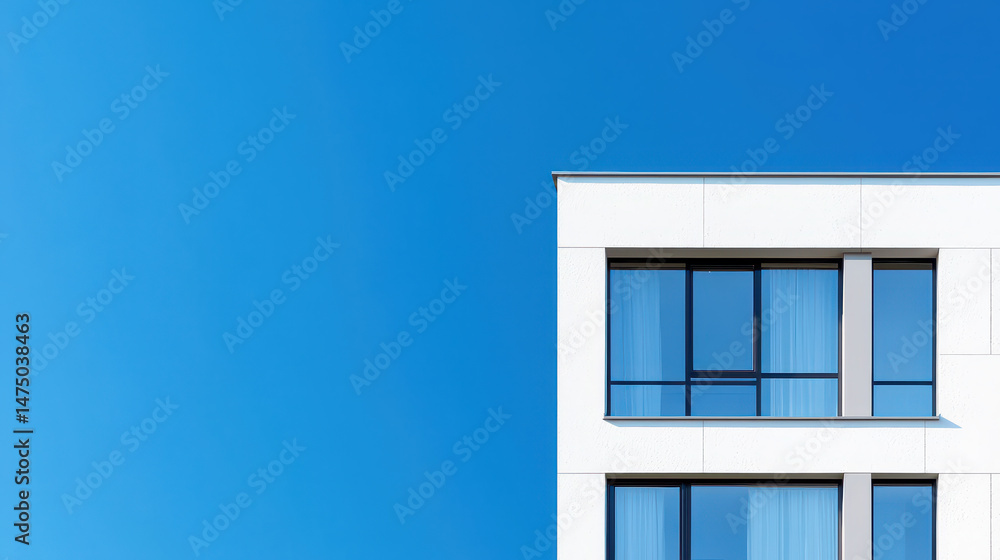 Poster modern building with minimalist design featuring large windows against clear blue sky, creating sere