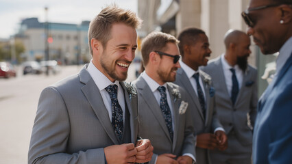 The groom laughs with his groomsmen as they adjust ties and jackets. Standing in a line in matching suits, they share a joyful moment before the ceremony, full of camaraderie and anticipation.