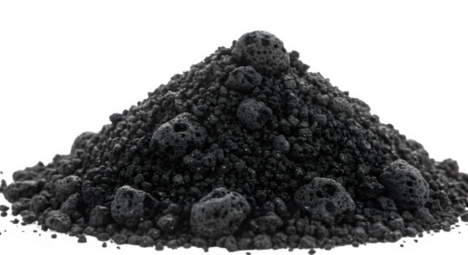 A close-up shot of a pile of dark volcanic rocks, showcasing their rough texture and varying sizes. The image has a dark, moody atmosphere. Isolated on white or transparent background