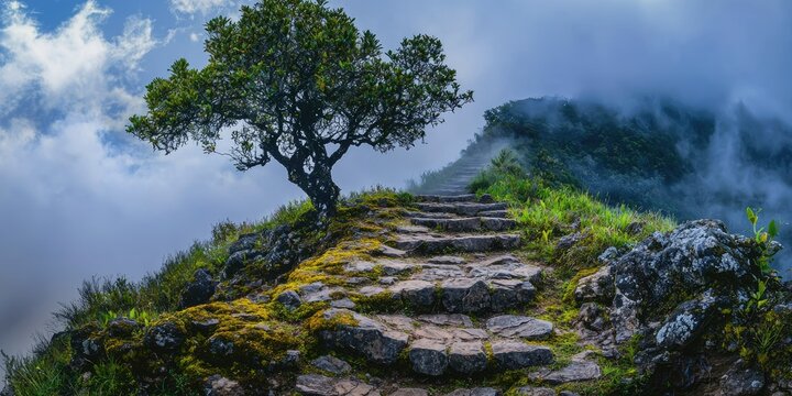 Stone stairway with golden moss, disappearing into clouds, ending at twin fig trees