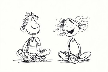 Two children enjoying a playful conversation while sitting cross-legged on a simple background