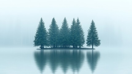 Fototapeta premium Serene Island of Evergreen Trees Reflected in Still Lake Water on Foggy Day Landscape View