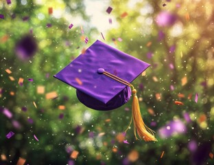 Purple graduation cap floats amidst confetti, vibrant outdoor setting
