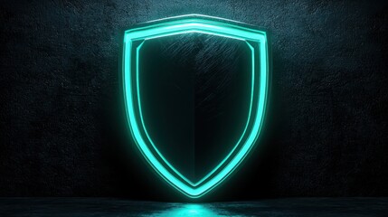 Futuristic shield graphic, glowing teal outline on dark background