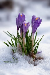 Purple crocuses bloom through the snow in a delicate display of spring amidst winter's chill