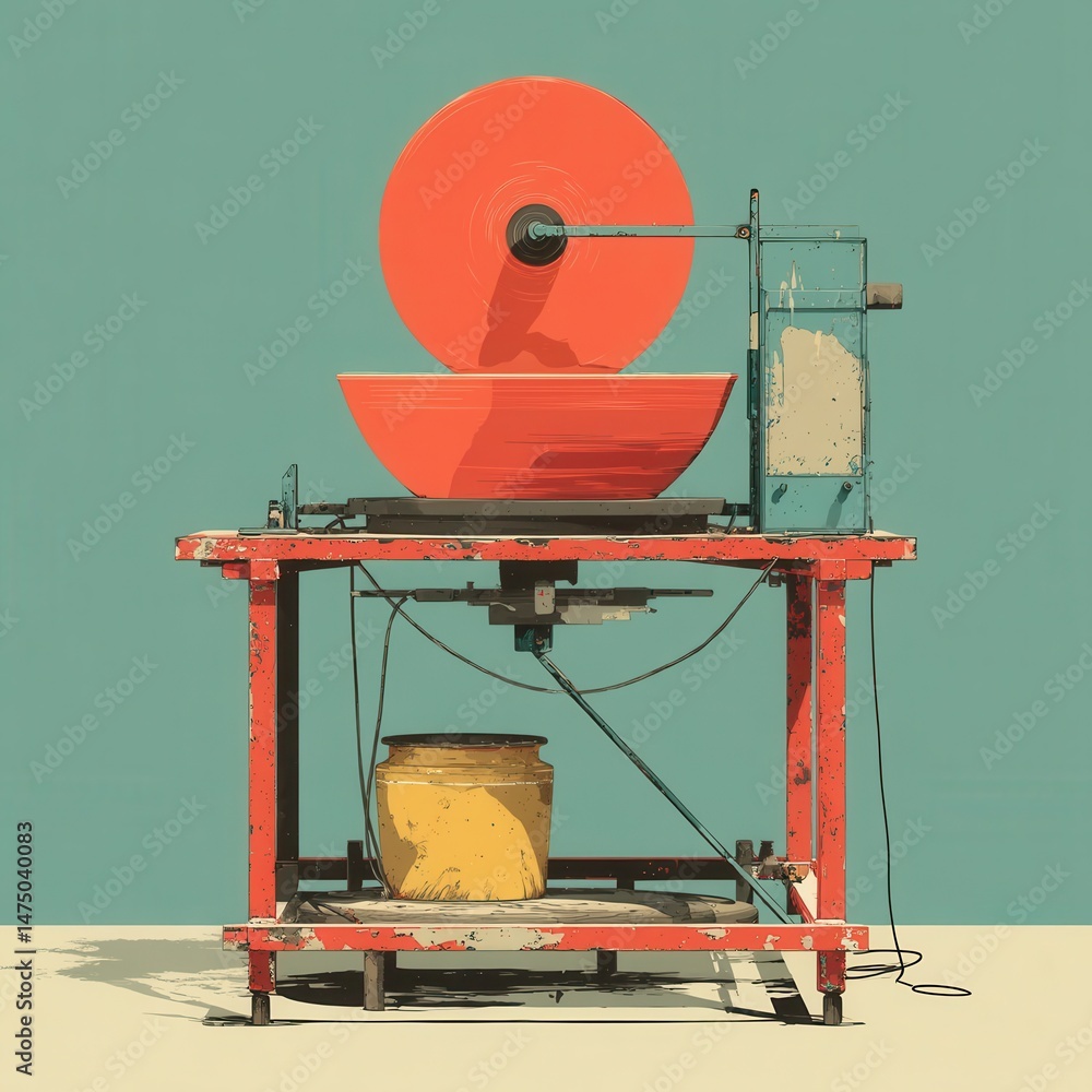 Poster retro mechanical device with vibrant colors and simple design.