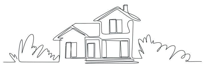 Fototapeta premium Single Line Drawing of a Two Story House with Bushes