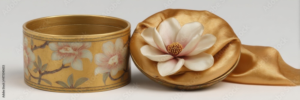 Poster elegant round box with silk wrap and flower displayed open, showcasing intricate floral design and v