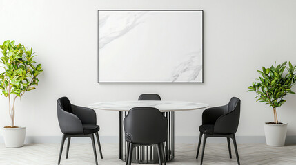 Modern dining room featuring round table, black chairs, and decorative plants, creating stylish and inviting atmosphere