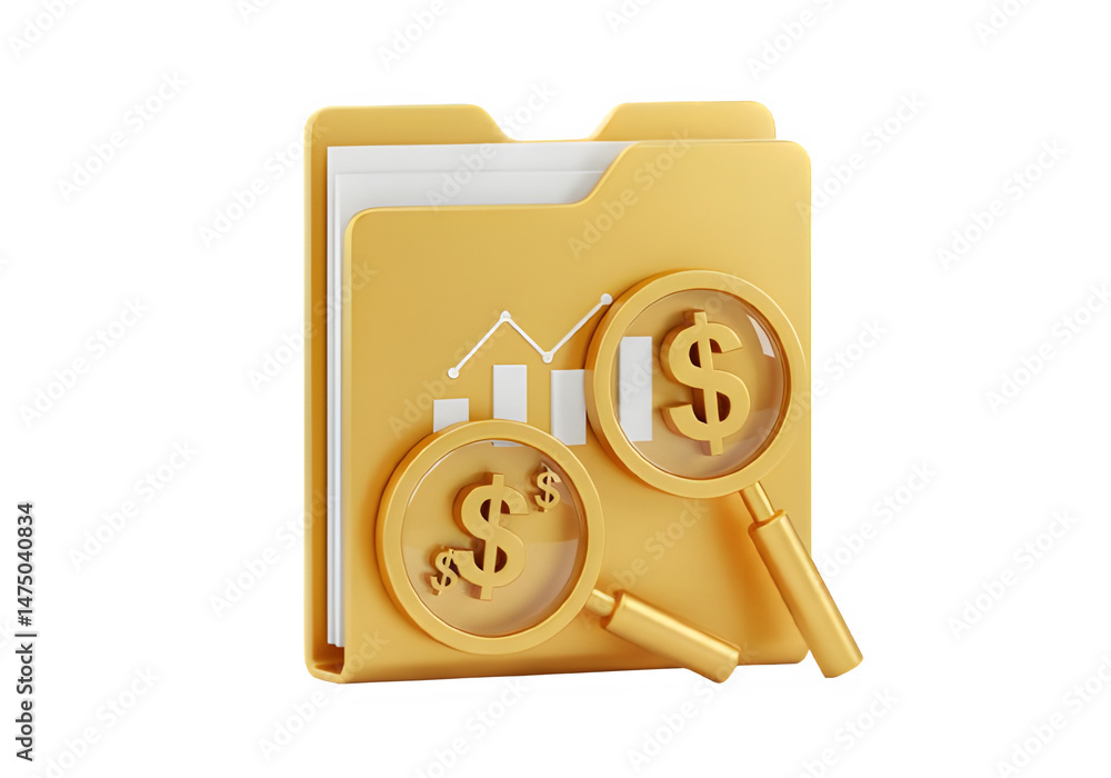 Poster 3d rendering of a gold folder containing a financial graph, analyzed with magnifying glasses and dol