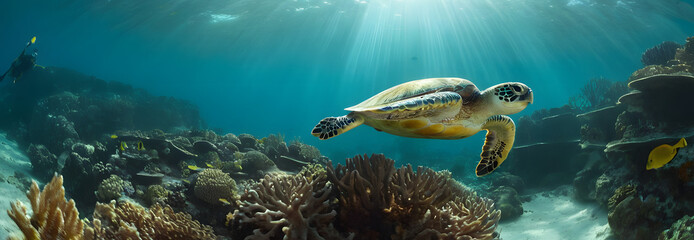 Fototapeta premium Sea turtle swimming gracefully over a vibrant coral reef, surrounded by tropical fish and illuminated by sun rays filtering through the ocean surface.