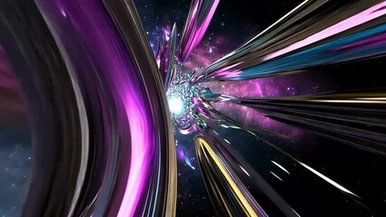 Vibrant metallic tubes streak through a dynamic, colorful cosmic space with glowing particles - Powered by Adobe