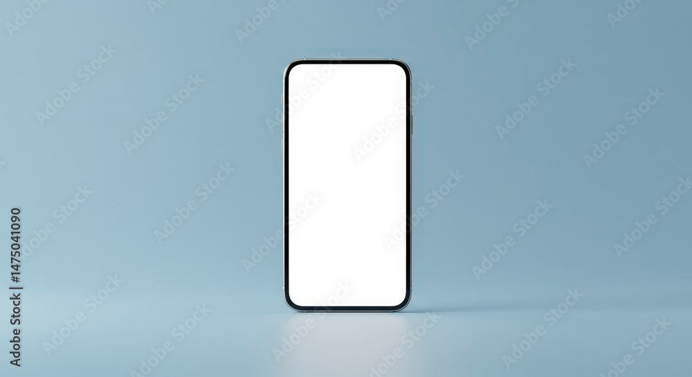 Poster isolated smartphone with white screen displayed against a blue background showing technological comm