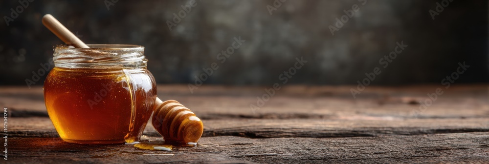 Aufkleber honey jar with dipper placed on rustic wooden surface surrounded by natural light creating a warm am