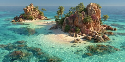 Tropical islands with clear turquoise waters and rocky formations in a serene coastal landscape