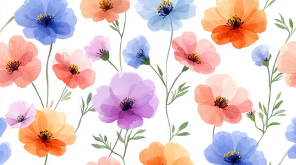 Bright and colorful floral pattern featuring various flowers in shades of blue, pink, orange, and purple, creating cheerful atmosphere