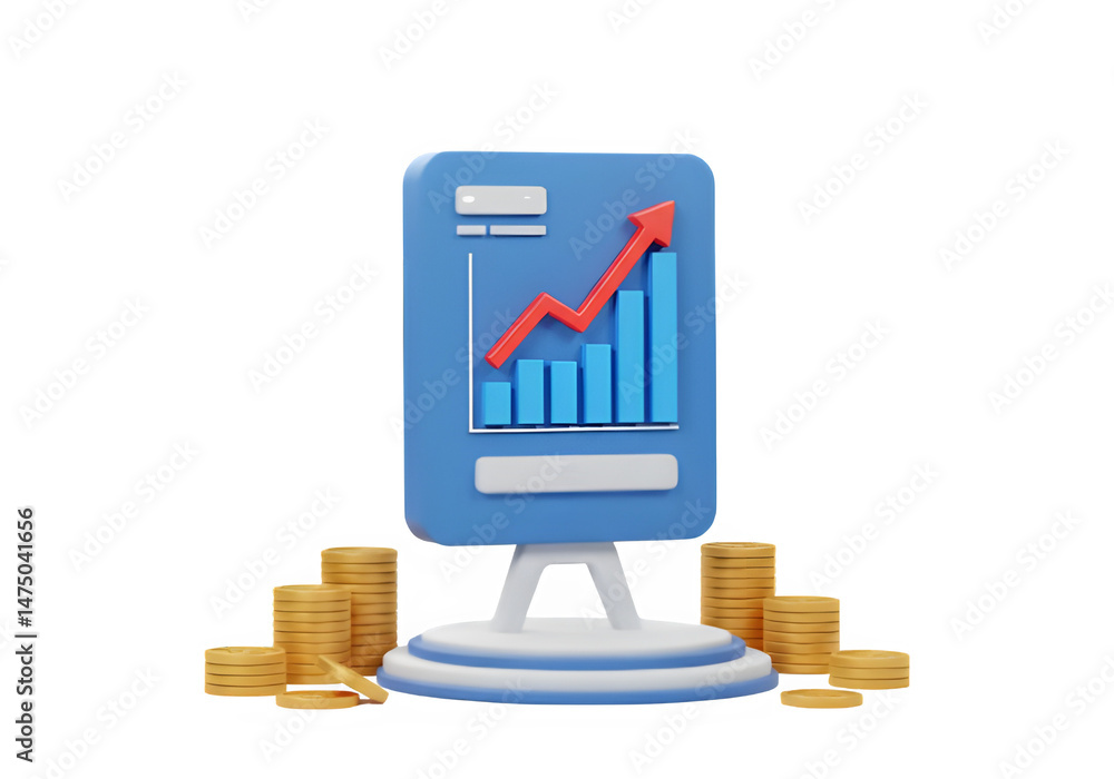 Poster a 3d illustration showing an upward trend graph displayed on a digital board, surrounded by stacks o