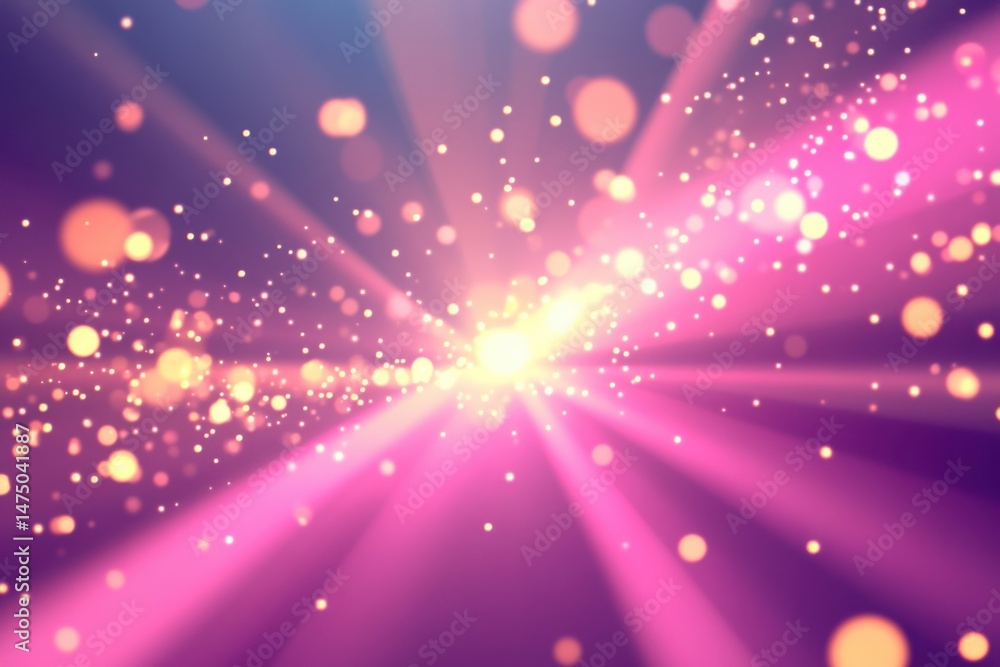 Poster abstract light burst with bokeh and rays in pink and purple tones digital art illustration backgroun