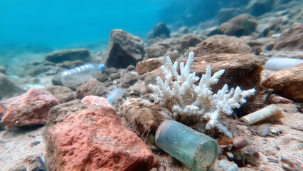 An underwater shot reveals coral bleaching beside plastic debris and chemical residues, highlighting environmental damage and pollution threatening marine ecosystems and ocean health.