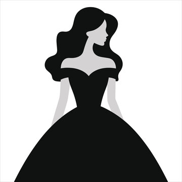 recommend clip art: Elegant Lady in a Black Gown Off-The-Shoulder Dress Silhouette Against White Background/A stylish silhouette of a woman in a black gown, with flowing hair..