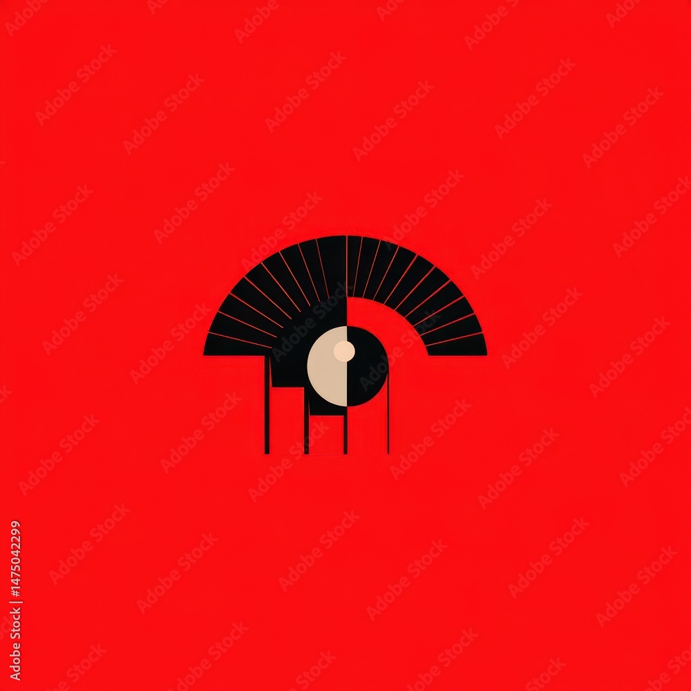 Poster abstract design with a black and off-white circular shape on a red background.