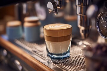 An artisan barista workstation showcasing a beautifully layered latte in stylish glassware