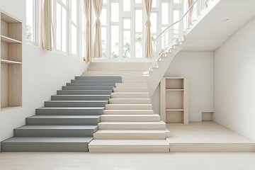 Fototapeta premium Elegant Staircase Design: Gray and Light Wood Steps in a Bright, Minimalist Interior With Large Windows. 