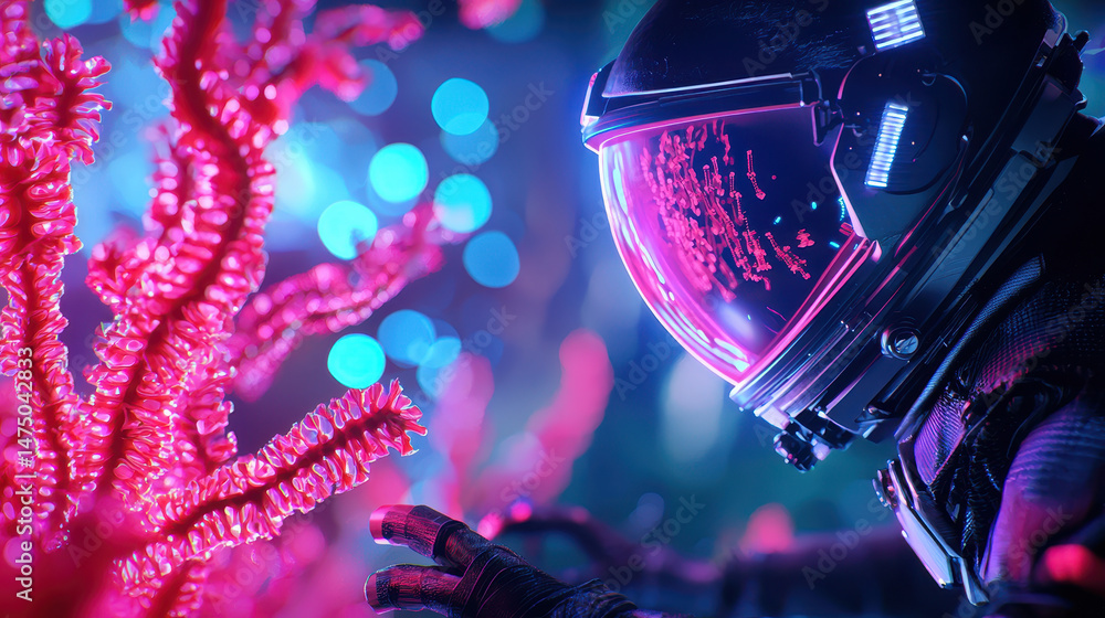 Poster astronaut exploring vibrant coral like structures on alien planet, surrounded by colorful lights, ev