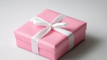 A beautifully packaged gift box, wrapped in festive paper with a ribbon, placed on a seamless white backdrop,