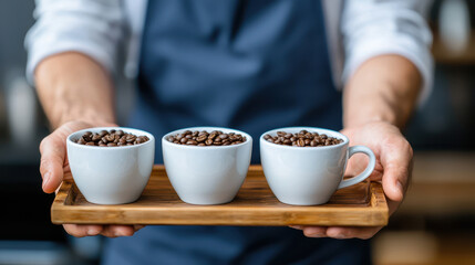 Barista presenting three cups filled with coffee beans on wooden tray, showcasing passion for coffee
