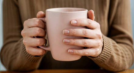  Cozy Hands Holding a White Coffee Mug in Warm Interior Setting