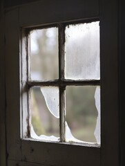 Close up of broken window pane in abandoned building, natural light, rustic, vintage, decay, weathered, detail shot